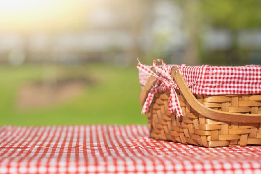 A picnic basket with a red gingham cover sits on a matching tablecloth in a sunny outdoor setting.